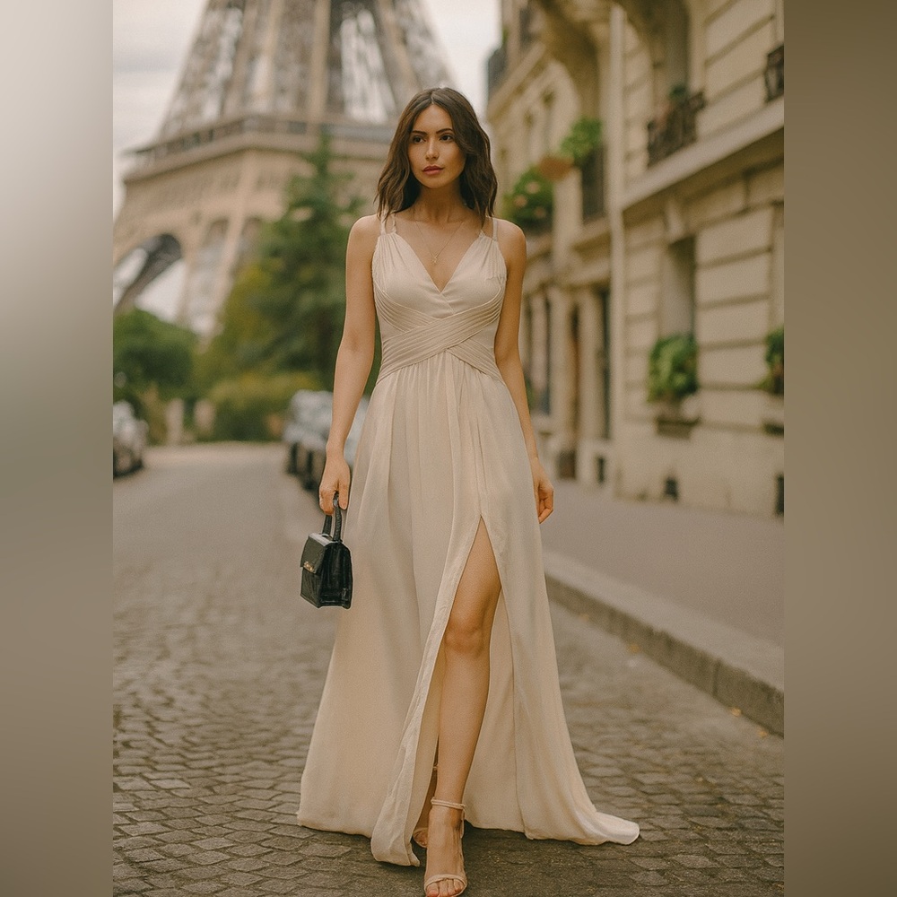 david’s bridal long chiffon double dress beige small flaw